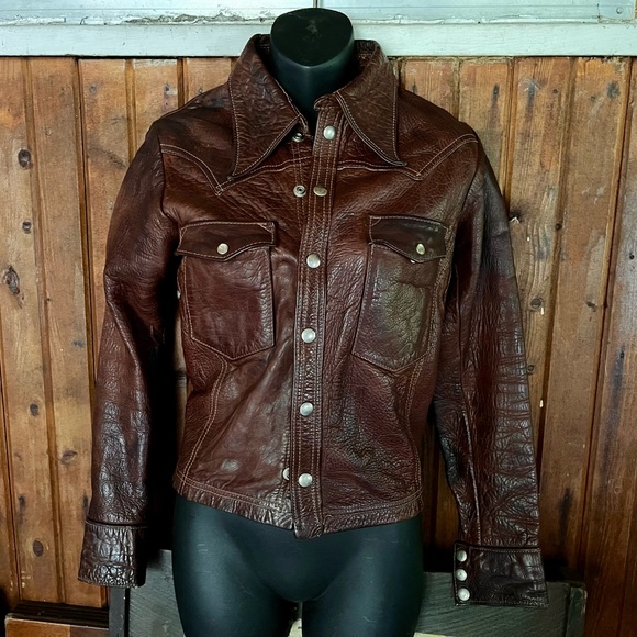 Vintage East West Musical Instruments Leather Jacket 60s 70s Rocker XS Brown - Picture 5 of 16